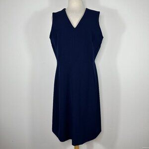 MM Lafleur Dress Women's (16) Navy Shift Midi Sleeveless V Neck Stretch Back Zip